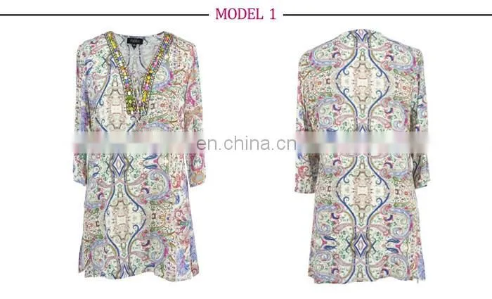 Elegant Women Tile Print Fashion Beaded Neck Tunic Design for Women over 50