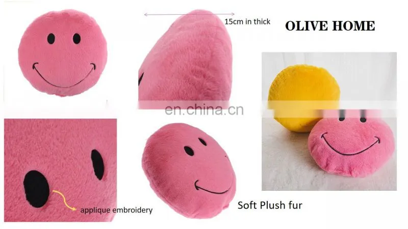 Round Stuffed Plush Fur Pink Happy Emoticon Smiley Emoji Cushion Face Pillow Cute Soft Toy Doll Gift for Kids and Adult