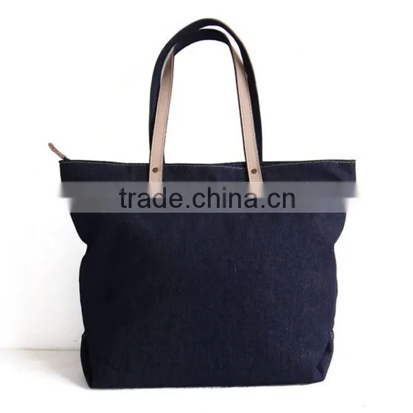 High Quality Navy Denim Bag Denim Tote Bag With Leather Trim