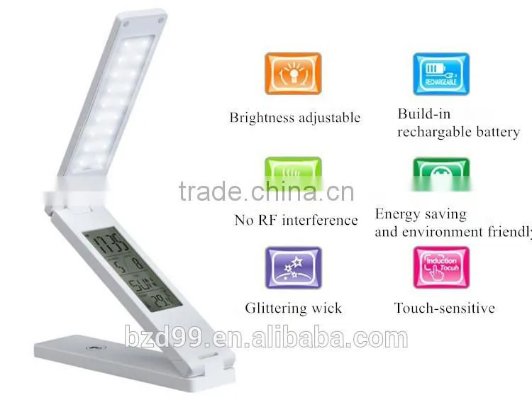 USB Port Recgargeable Flexible Folding LED Desk Lamp with Calendar Timer Temprature and Alarm Clock Functions