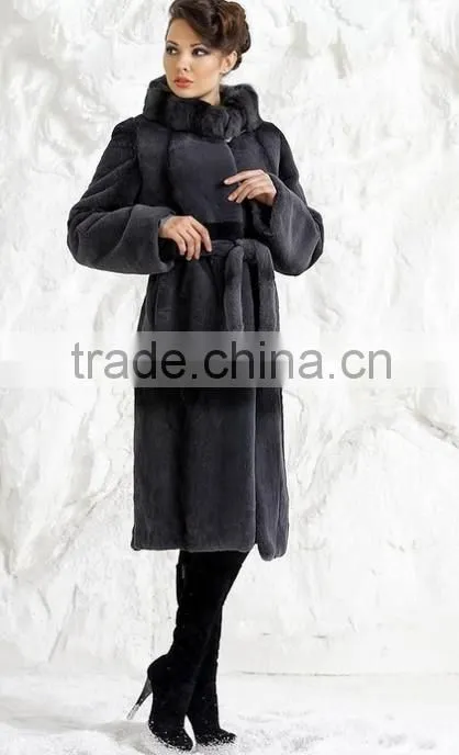 rex14069 knee-length rex rabbit fur coat belt gray