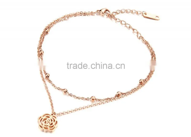 fashion jewelry adjustable 316L stainless steel rose gold flower anklets for women,rose anklet