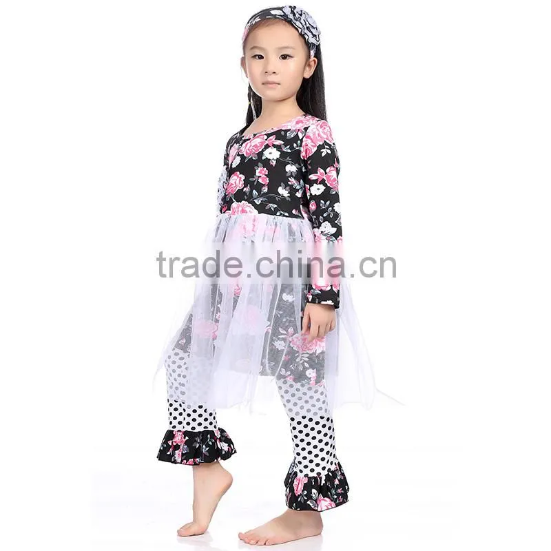 2016 cotton floral print chiffon dress and frill pant wholesale children clothes