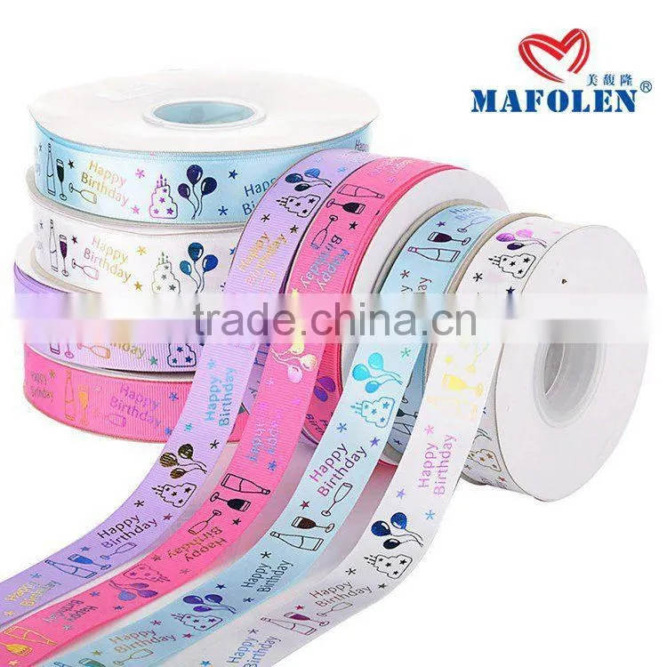 Mafolen wholesale 1 inch grosgrain printed, birthday wishes ribbon by the yard