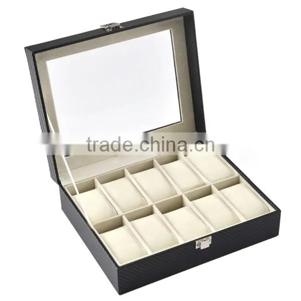 10 Slot Display Carbon Fiber Stripe Packing Box For Watch, With Acrylic Window Gift Package Boxs