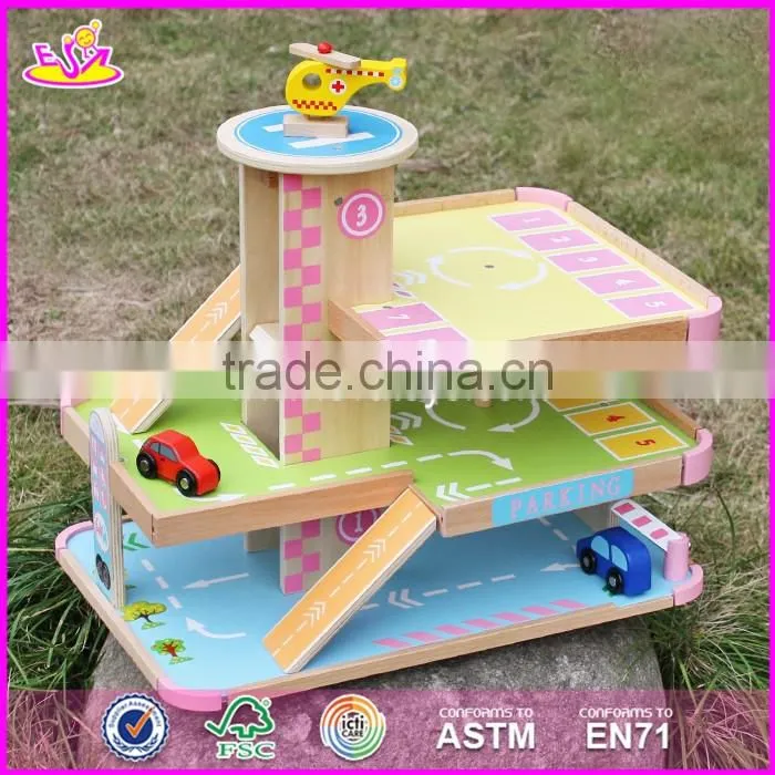 2017 new products lovely pink children wooden toy garage for cars W04B050