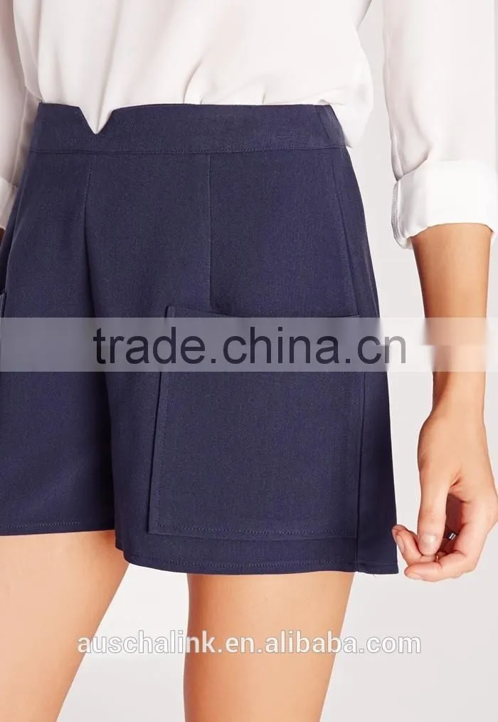 new style women fancy navy high waist pocket tailored shorts