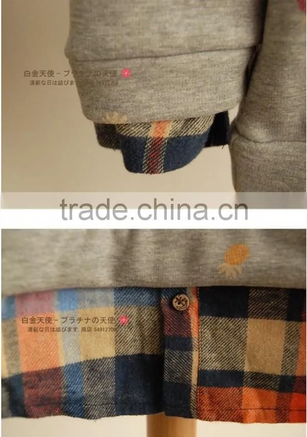 Spring and autumn lovely printed fake 2pcs long sleeve blouse designs fashion women plaid shirt