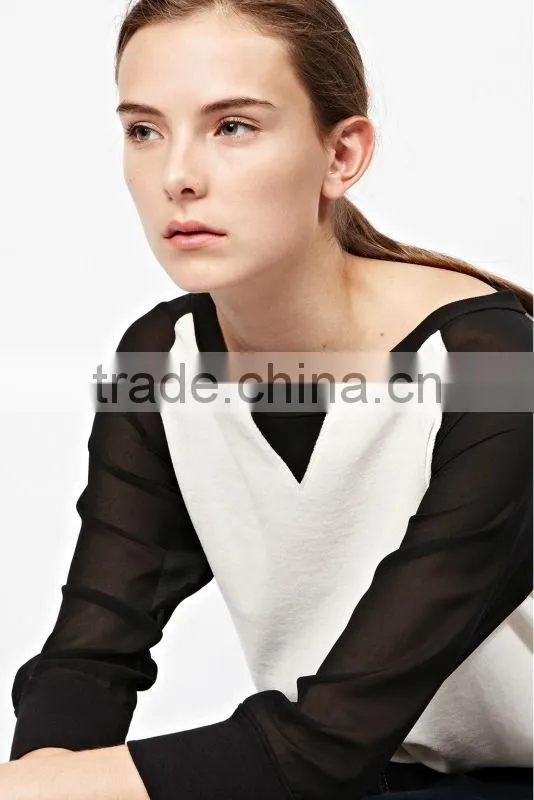 Round Neck Cotton-Blend Raglan Sweatshirt with Chiffon Sleeve