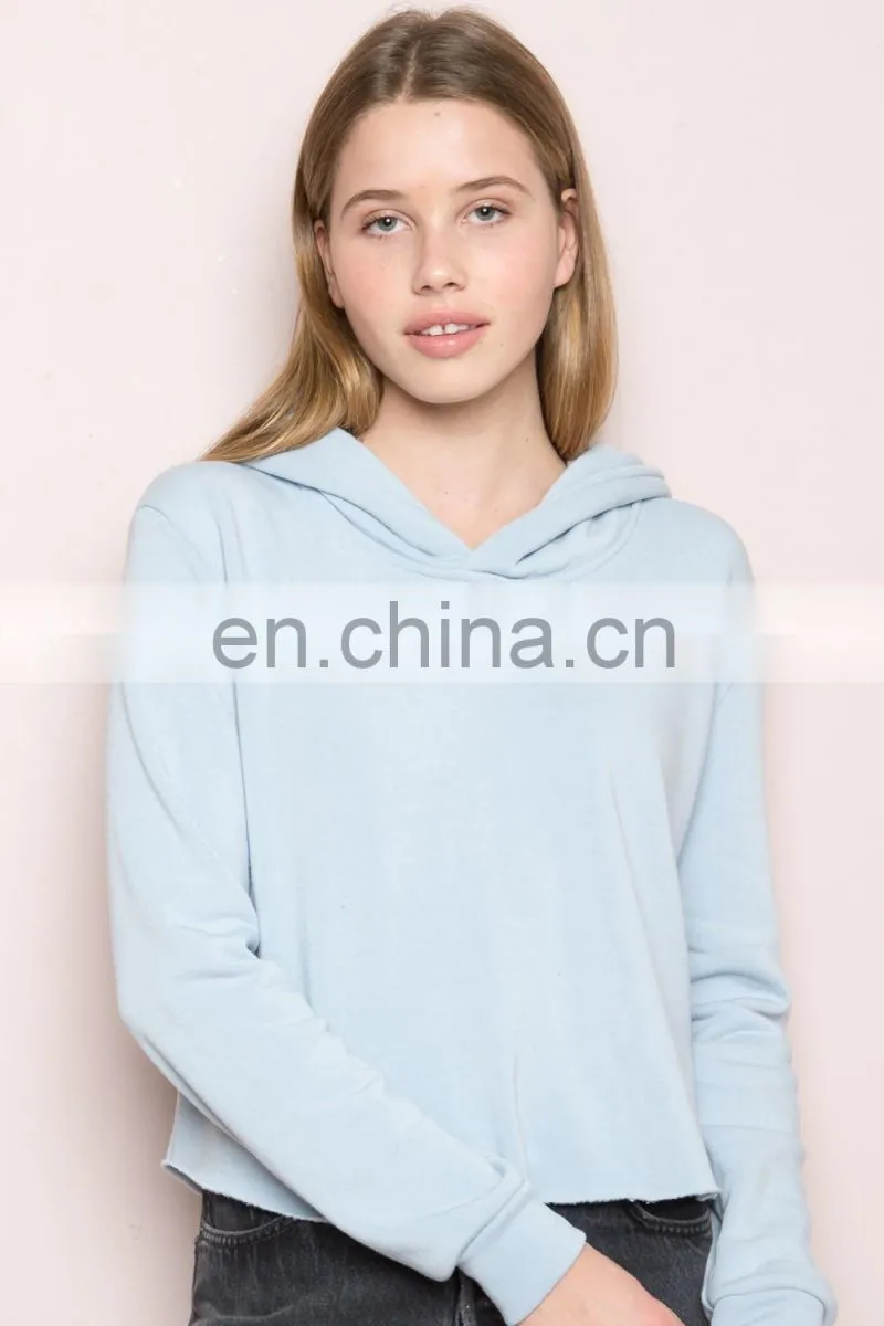 Soft Fleece-lined Pastel blue Cropped Raw Cut Hems Blank Pullover Hoodie