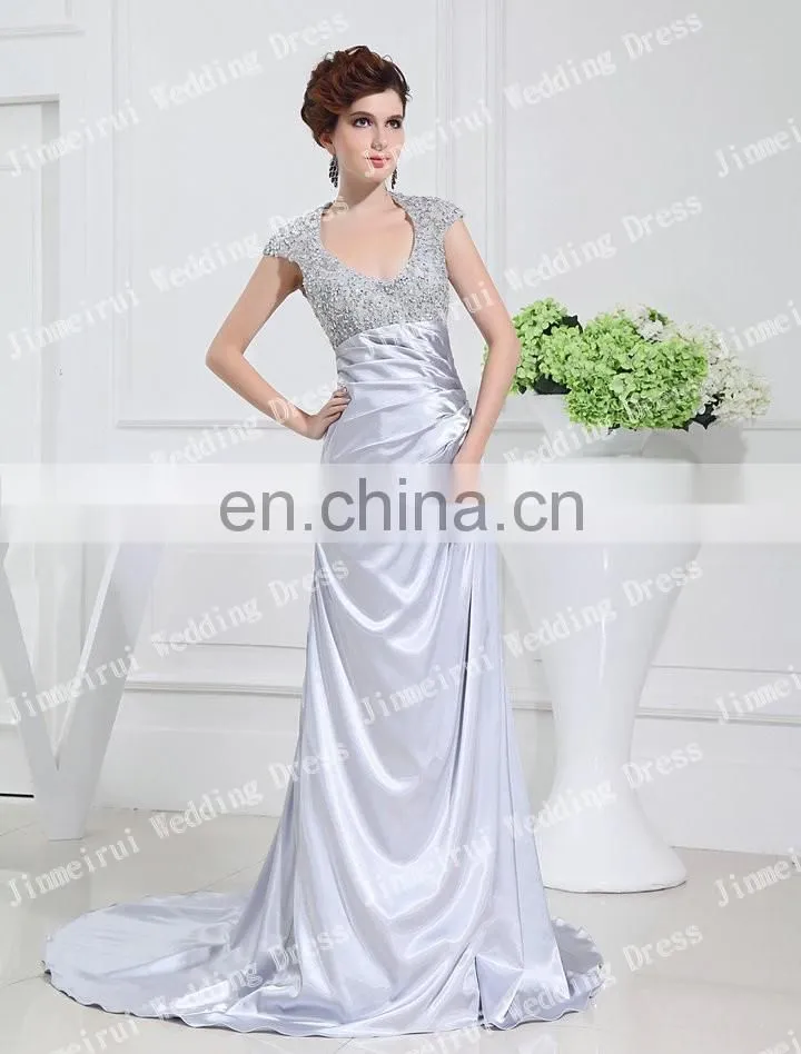 Charming Sliver Color Satin A-line Long Train Romantic Real Picture Bridal Dresses