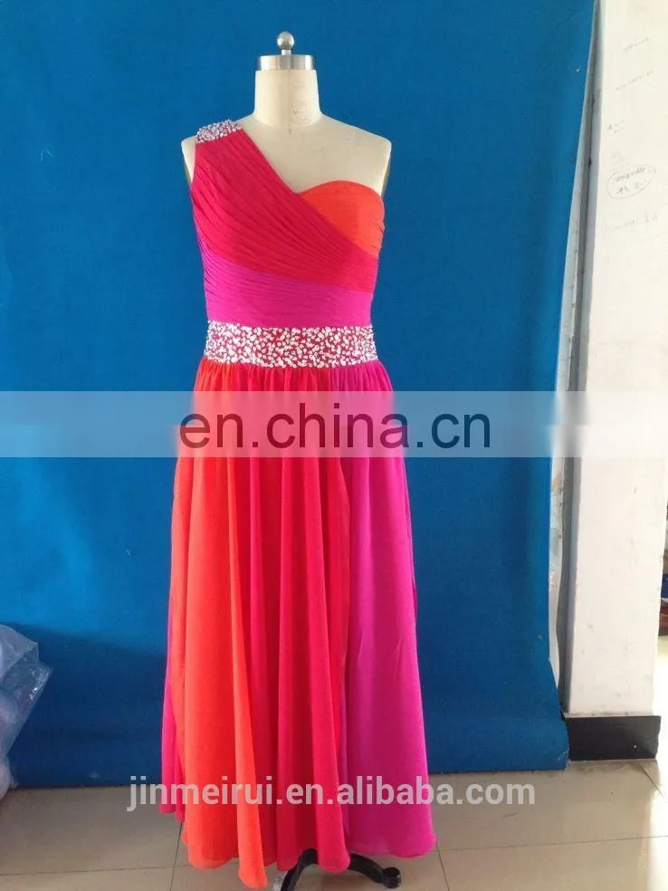special design 2017 real picture elegant three-color one shoulder a-line evening dress long chiffon with crystal party dress