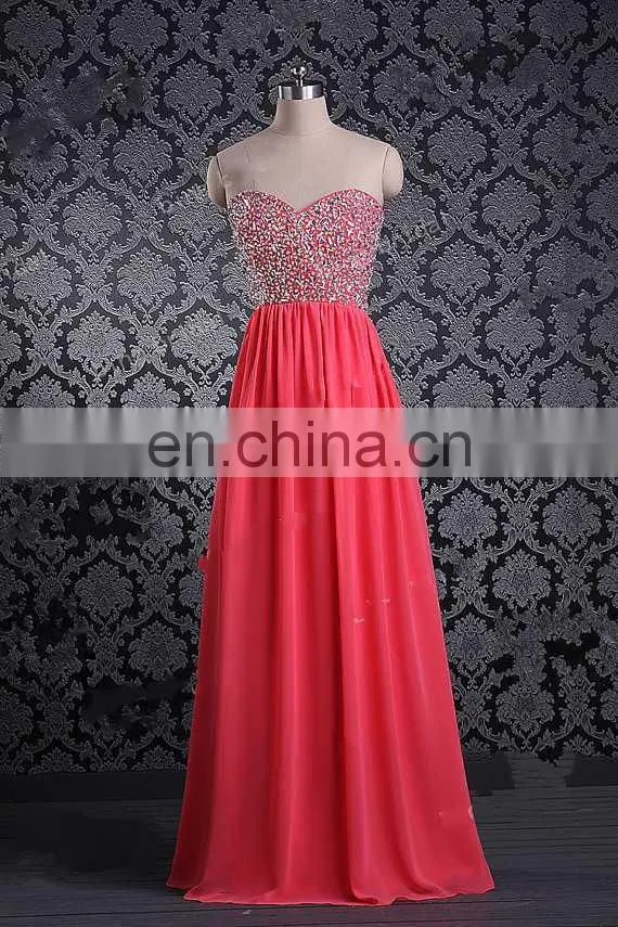 Beaded Rhinestones Sweetheart Bodice Corset Prom Gown Chiffon Floor Length Coral Prom Dresses