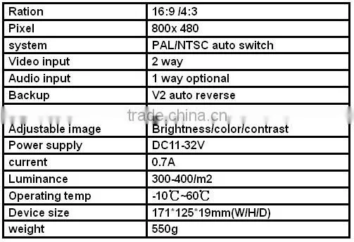Truck bluetooth reversing camera system with 7inch digital LCD monitor and 1/4" CCD Camera