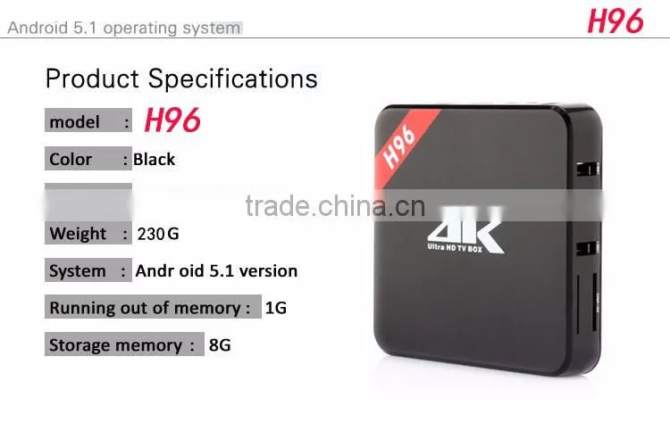 2016 factory hotsale Android TV Box IPTV Amlogic S905 Quad Core Android5.1 DDR3 1G 8G H96