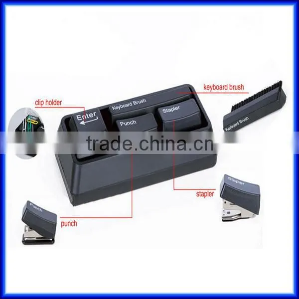 Money saving 3 in 1 multifuntional keyboard office stationery, useful brush stapler paper punch office stationery