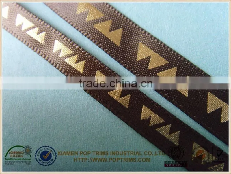 7mm shiny gold foil printing brown satin ribbon