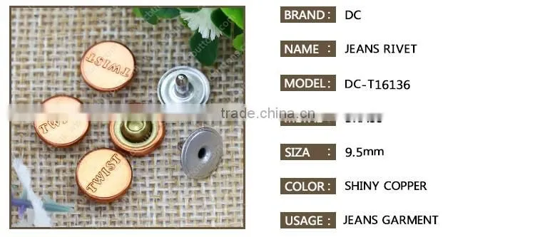 Shiny copper custom logo metal button jeans rivet for denim