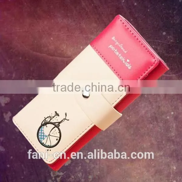 2015 hot selling handmade leather wallets with bicycle printing design for woman
