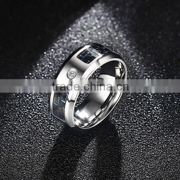 2016 Fashion Men Zircon Black Carbon Fiber Stainless Steel Ring