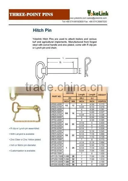 Zinc yellow Trailer parts Hitch Pin with wire lock pin
