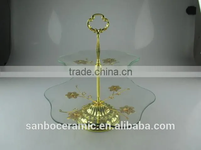 Wholesale glass cake stand, two tier golden glass cake stand with flower decoration