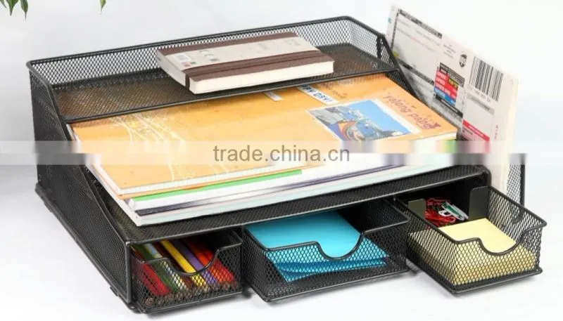 Metal Mesh Wire Office Stationery Desk Storage Organizer/ Multi-function A4 Paper Holder With Drawer