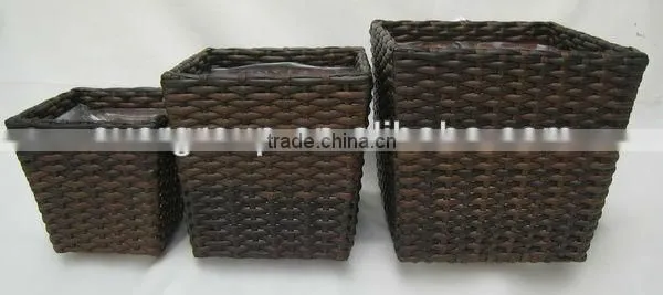 square dark brown pe wicker planter with pvc linner
