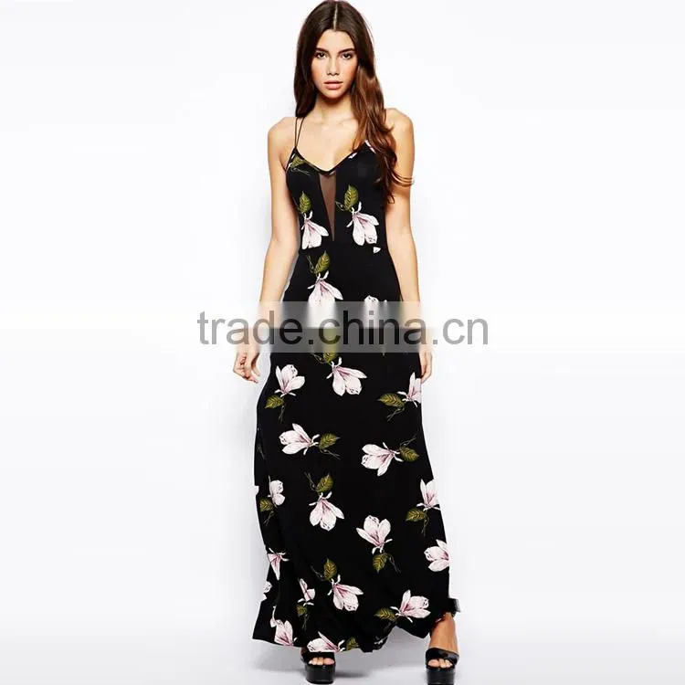 Ladies Summer Sleeveless Classic Floral Print Deep V-neck Back Open Sexy Halt Fitted Long Sexy Split Maxi Dress