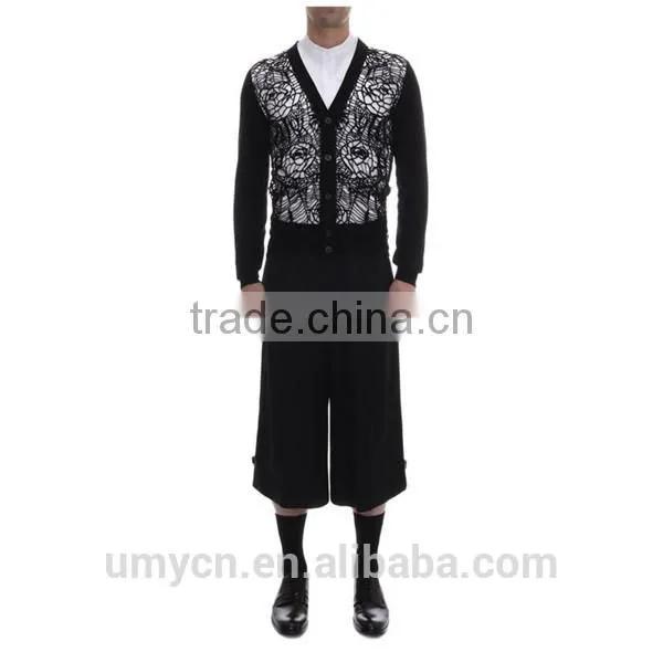 Men's new flower mesh knitted long sleeve cardigan