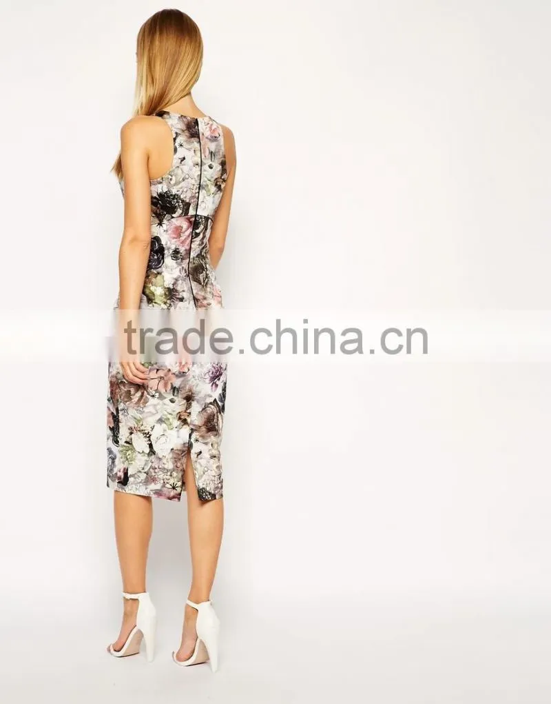 Autumnal Blossom Print Crop Top Midi Pencil Dress