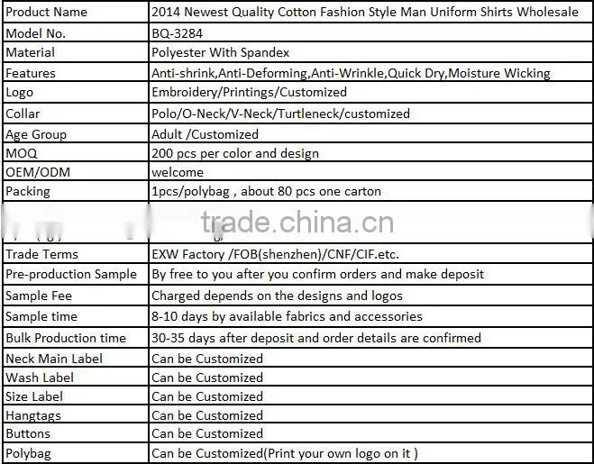 2014 Newest Quality Cotton Fashion Style Man Uniform Shirts Wholesale