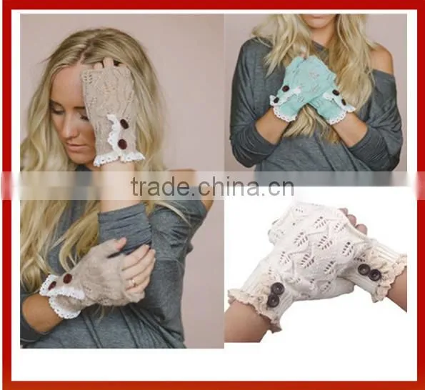 Women's Winter Colored Gloves With Lace And Buttons/New Design Lace Trim Knitted Ladies Hand Gloves