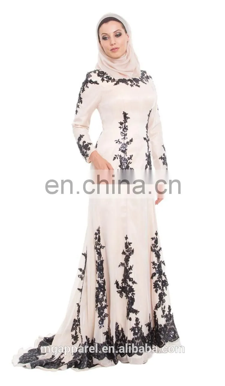 china OEM long sleeve muslim evening dress sequined silk beige muslim women formal dress, muslim evening gown with wrap hijab