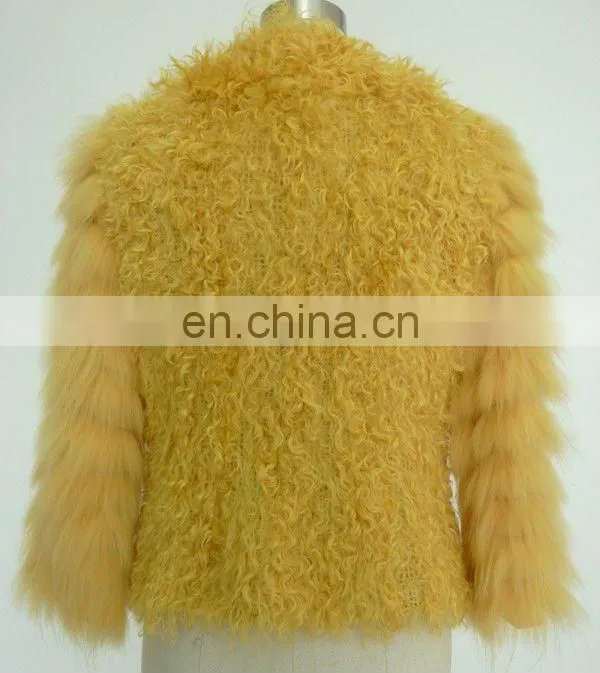 Ladies round neck seven sleeve yellow fur coat with invisible button