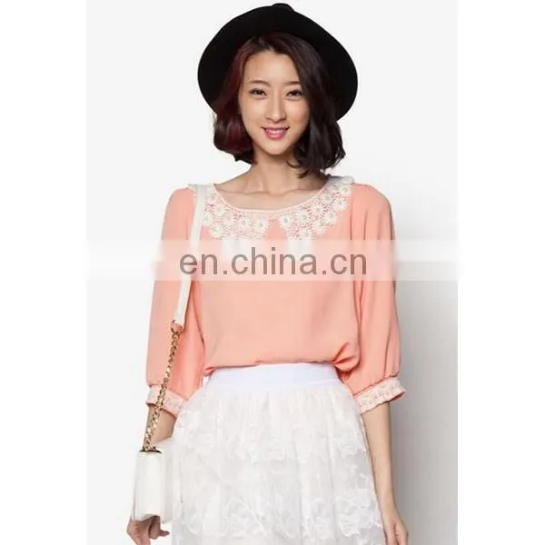 Custom Chiffon Blouse With Lace Flat Collar Half Sleeves Women Shirts and Tops