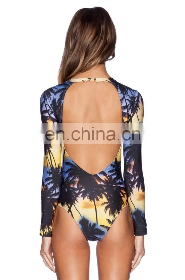 Custom printed three-quarter sleeves sexy backless women rash guard
