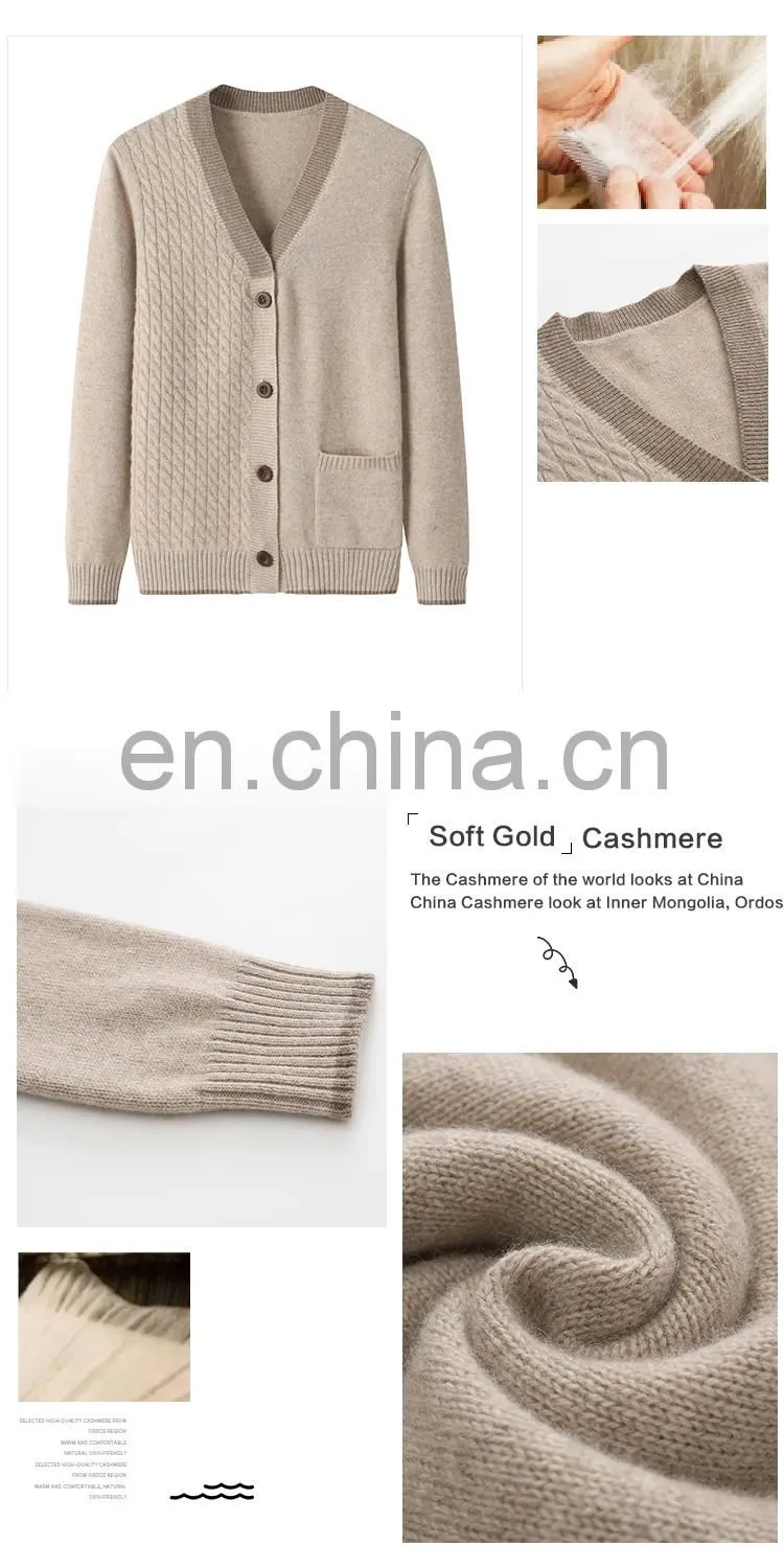 100% Cashmere V-Neck Sweaters Winter Casual Cable Knit and Plain Knit Design Solid Pattern with Button Decoration Front Logo