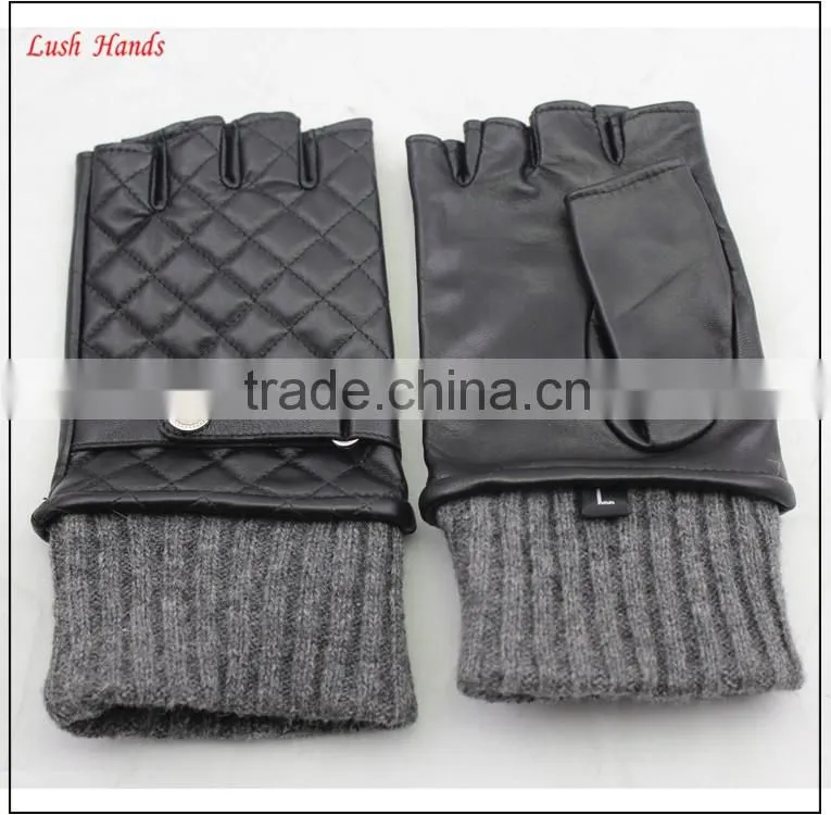 ladies winter fingerless leather gloves with grey knitting ending