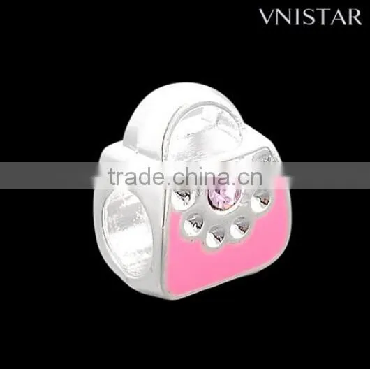 Vnisatr silver plated pink&cyan&purple enamel handbag shaped european beads with crystals PBD2505