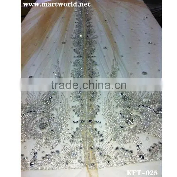 gold rhinestone beaded fabric for bridal wedding dress(KFT-025)