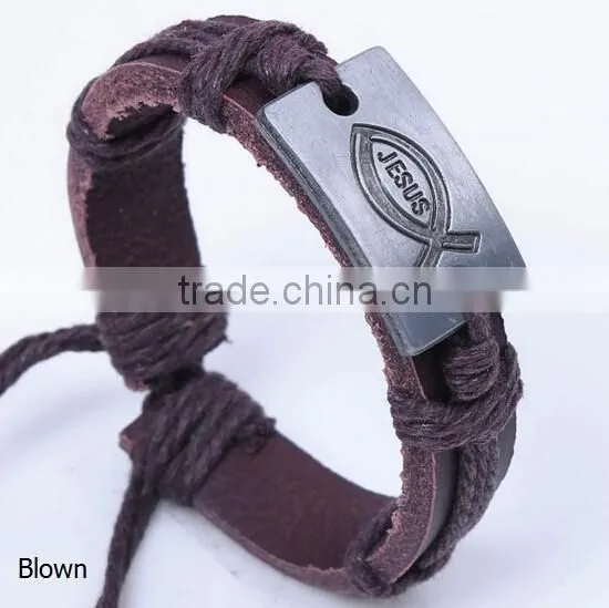 >>hot selling adjustable Jesus ichthys symbol leather bracelet/