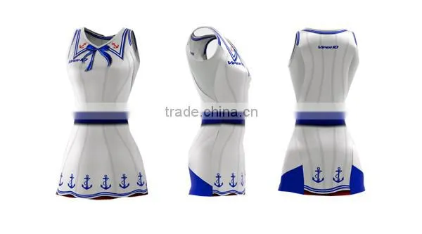 Hot sale netball dress design color red and blue with gold star