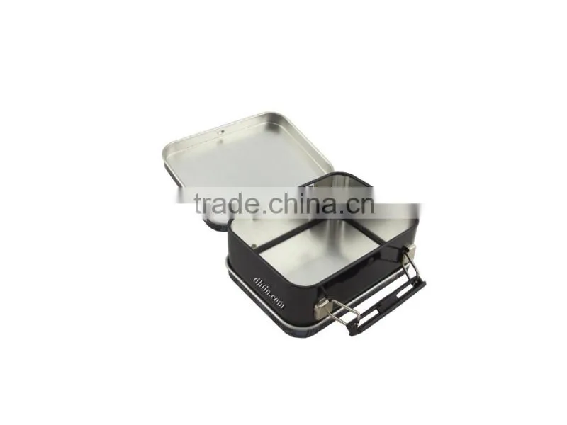 tin box with handle, metal box with latch, hinged box with lock