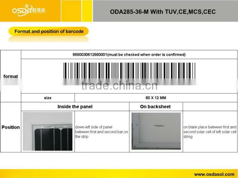 TUV MCS CEC certificated 285W mono solar panel
