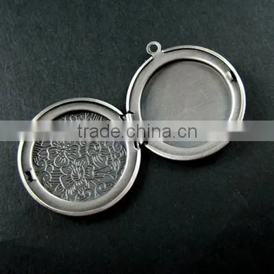 32mm brass antqiued silver vintage style flower engraved round photo locket pendant 1113014