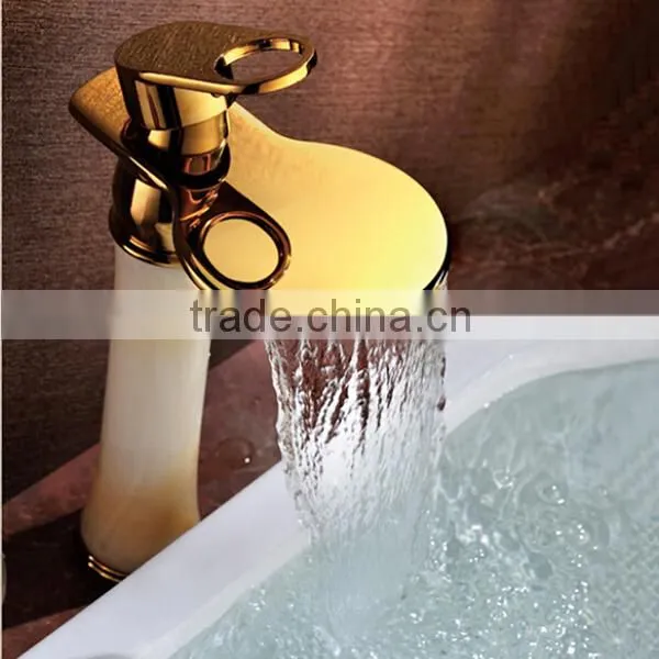 Gold plated waterfall faucet ,oak wood cabinet faucet , marble counter basin mixer