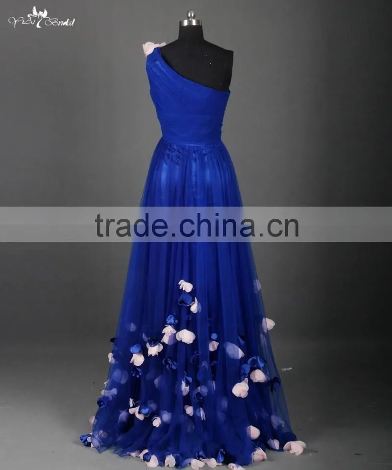 RSE661 One Shoulder Petals And Floras Flowing Skirt Royal Blue Long Teen Prom Dresses