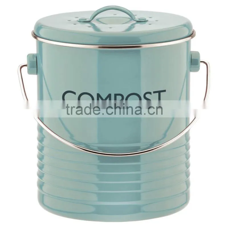 New cream power coated metal compost bin with red lid