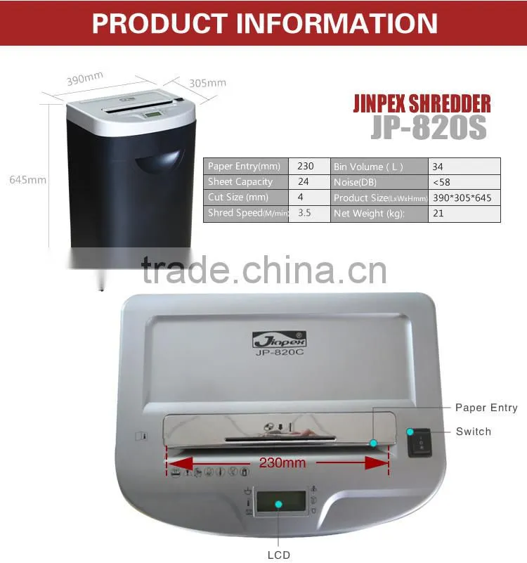 JP-820S Strip cut Paper shredder GS UL certificate made in china
